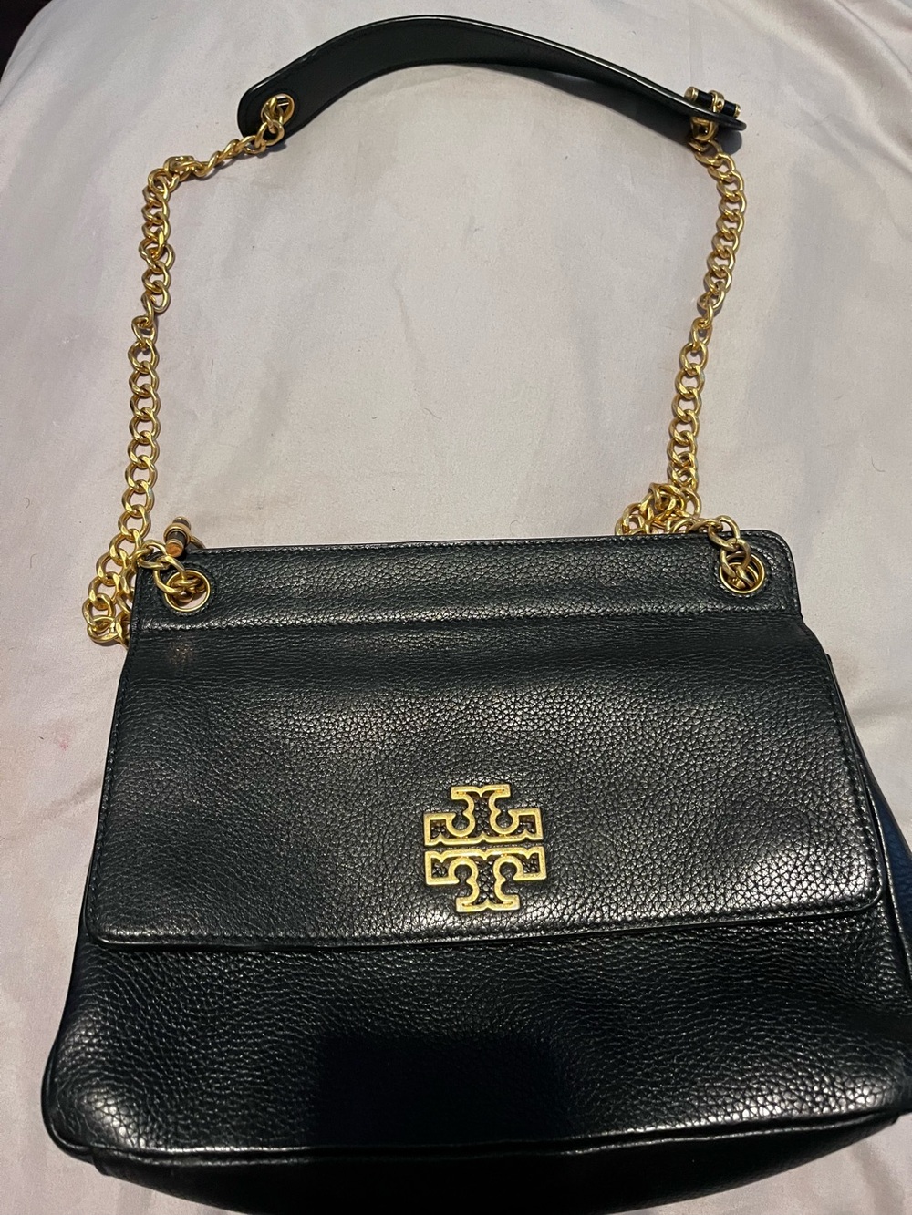 Tory Burch Black Pebbled Leather Shoulder Bag with Gold Hardware